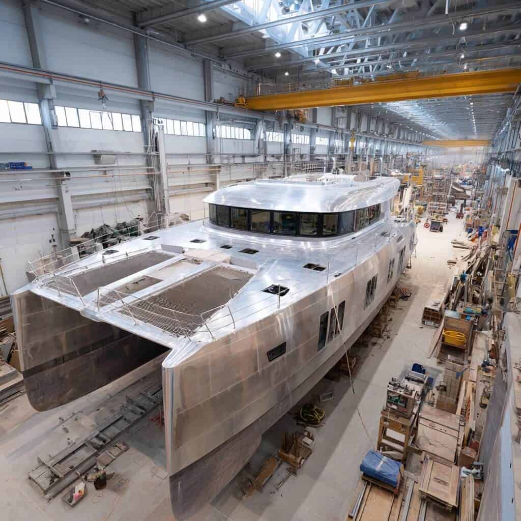 Luxurious yacht under construction in marina shipyard for marine vessels.