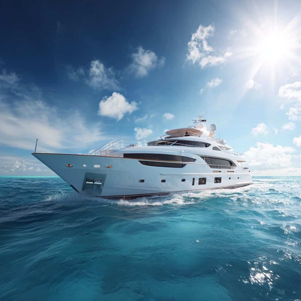 Luxury yacht sailing in clear blue ocean under sunny sky, representing Savras Marine yacht services.
